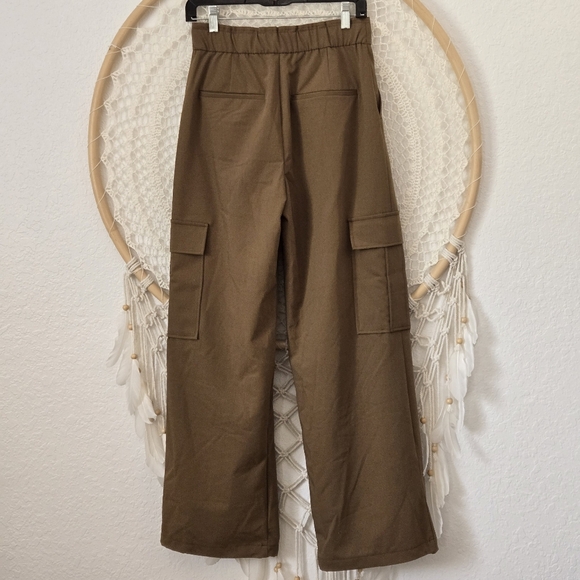 NWT Zara Cargo Trousers Elastic Waist Drawcord Hem Wide Leg High Rise Brown XS - Picture 12 of 15